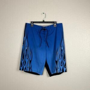 No Boundaries 2010s Size 36 Blue Black Flame Print Polyester Men’s Swimtrunks